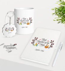 Kişiye Özel Yılın En İyi Öğretmeni Kupa Anahtarlık Beyaz Defter Kalem Hediye Seti-1