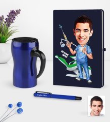 Kişiye Özel Bay Diş Hekimi Karikatürlü Lacivert Defter Kalem Termos Mug Seti - 4
