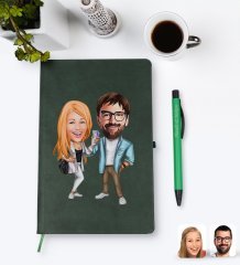 Kişiye Özel Sevgililer Karikatürlü Yeşil Termo Deri Defter Kalem Seti Model 93