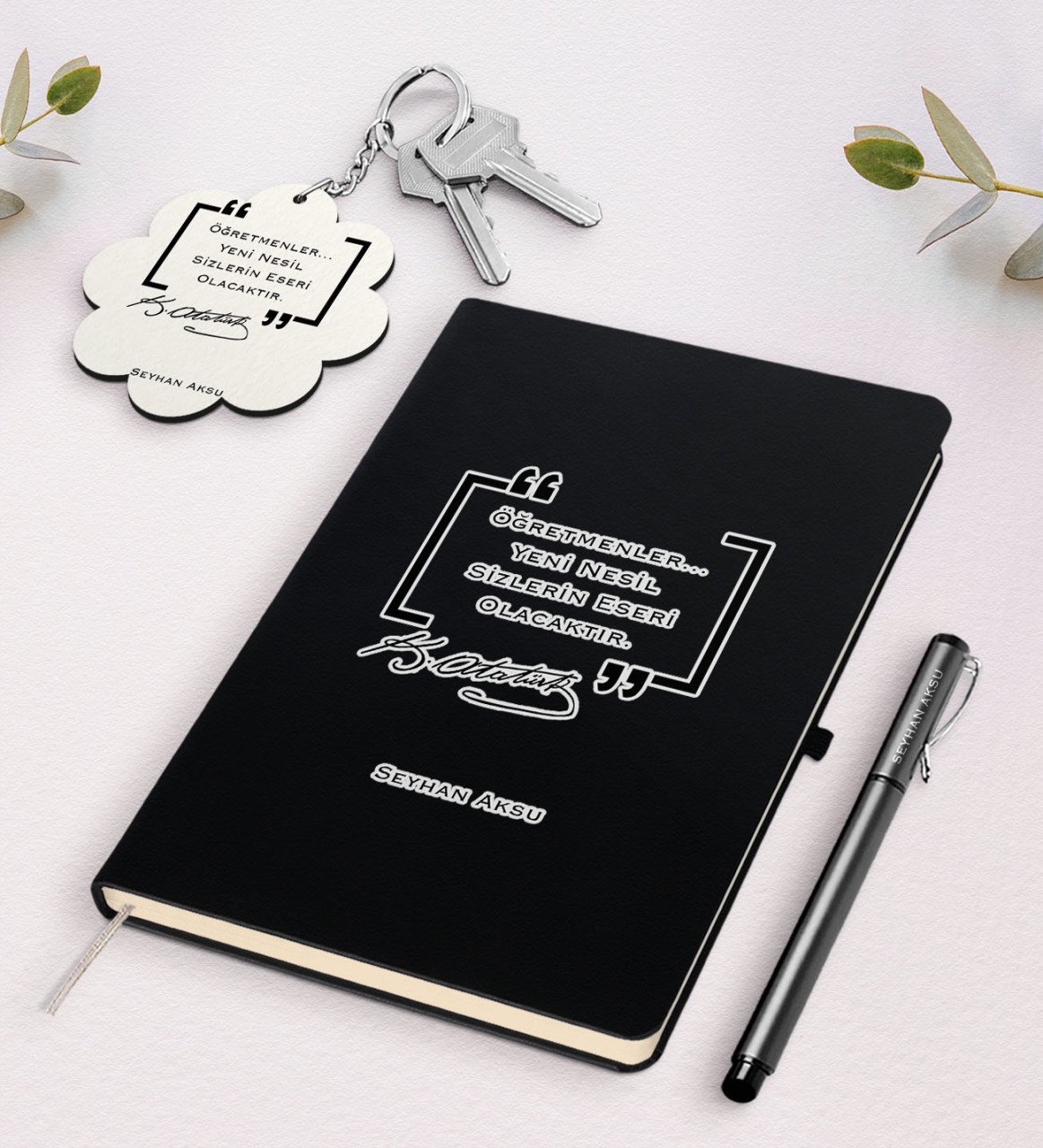 Kişiye Özel Atatürk Öğretmen Siyah Defter Kalem Ve Anahtarlık Hediye Seti-1