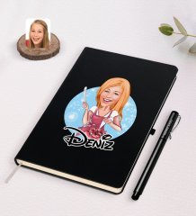 Kişiye Özel Kadın Aşçı Karikatürlü Siyah Defter ve Kalem Hediye Seti-1