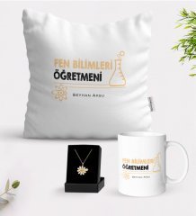 Kişiye Özel Fen Bilimleri Öğretmeni Beyaz Kupa Yastık ve İsimli Papatya Kolye Hediye Seti-4