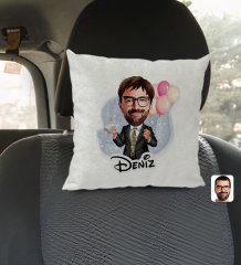 Kişiye Özel İsimli Erkek Doğum Günü Karikatürlü Kare Araç Koltuk Yastığı-3