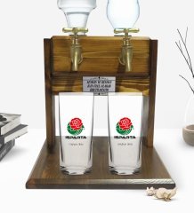 Kişiye Özel Renkli Baskılı Isparta Tasarımlı Turistik İkili Rakı Bardağı ve Çift Musluklu Doğal Ahşap Rakı Standı-1