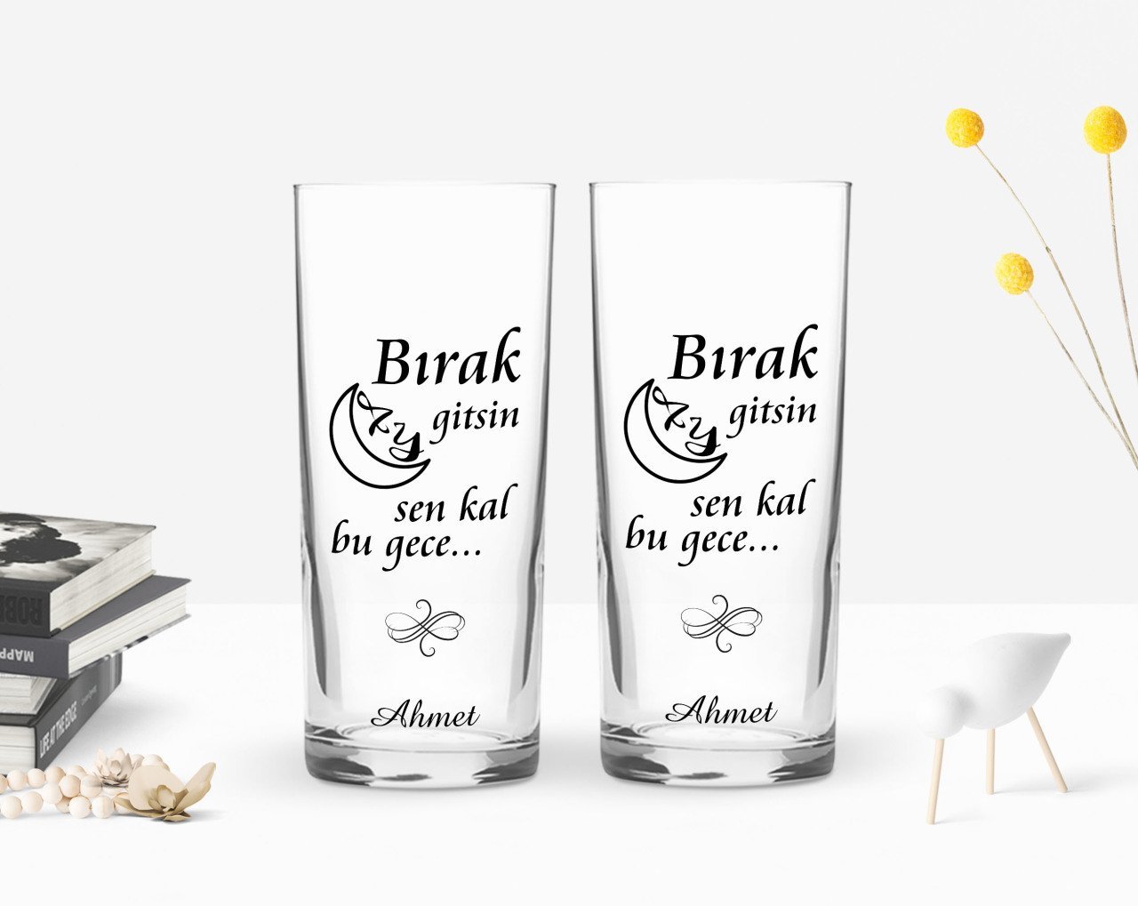 Kişiye Özel Renkli Baskılı Bırak Ay Gitsin Tasarımlı İkili Rakı Bardağı Seti-1