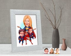 Kişiye Özel Süper Anne ve Süper Çocuklar Karikatürlü Dekoratif Çerçeve-1
