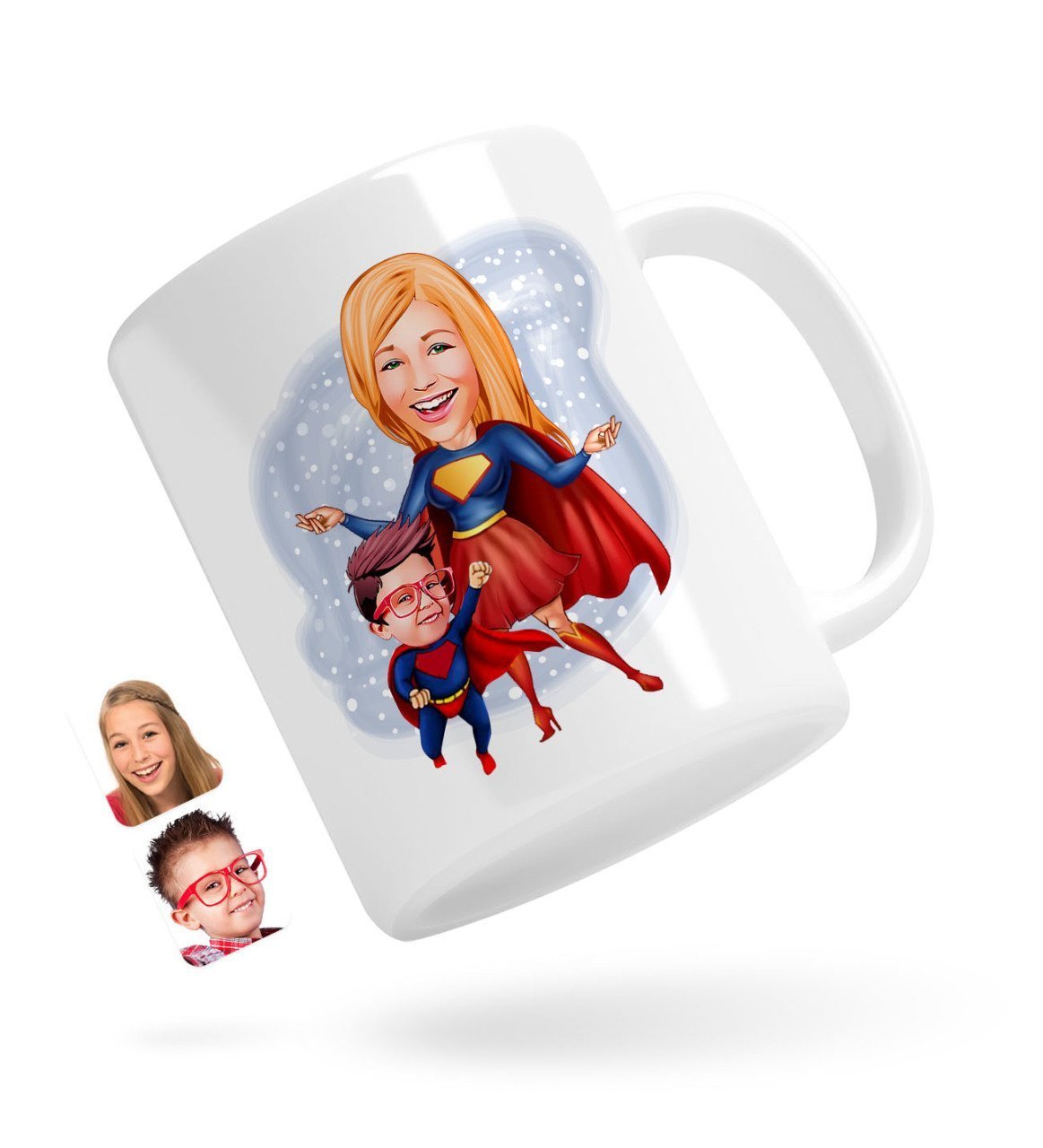 Kişiye Özel Süper Anne ve Çocuk Karikatürlü Beyaz Kupa Bardak