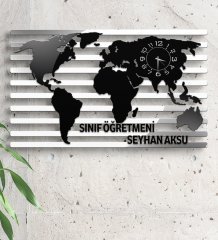 Kişiye Özel Öğretmen Dünya Haritası Ahşap Duvar Saati - 2