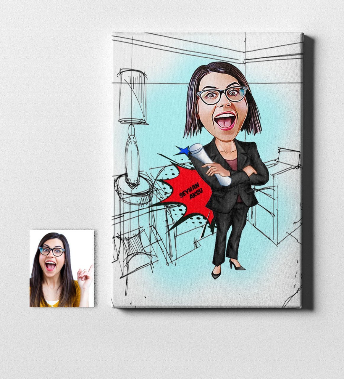 Kişiye Özel Bayan İç Mimar Karikatür Kanvas Tablo (50 x 70 cm.) 1
