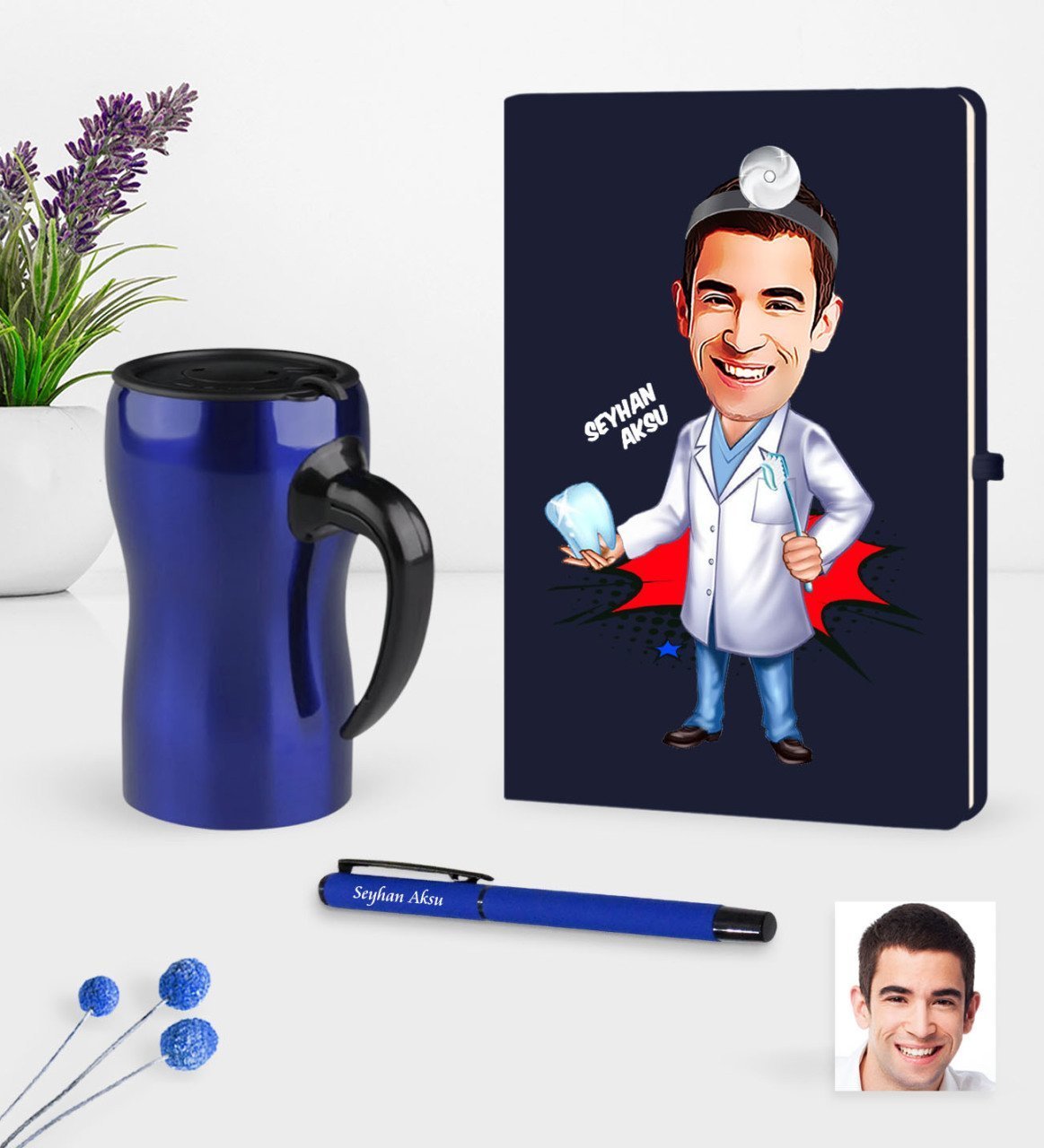 Kişiye Özel Bay Diş Hekimi Karikatürlü Lacivert Defter Kalem Termos Mug Seti - 3