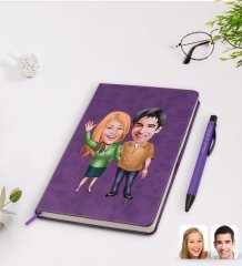 Kişiye Özel Sevgililer Karikatürlü Mor Termo Deri Defter Kalem Seti Model 110