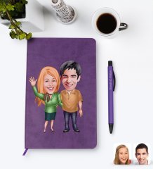 Kişiye Özel Sevgililer Karikatürlü Mor Termo Deri Defter Kalem Seti Model 110