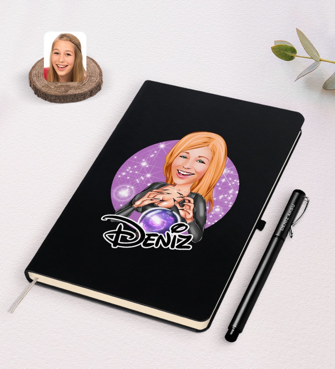Kişiye Özel Kadın Astrolog Karikatürlü Siyah Defter ve Kalem Hediye Seti-1