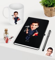 Kişiye Özel Bay Polis Karikatürlü Siyah Defter Kalem Kupa Seti - 2