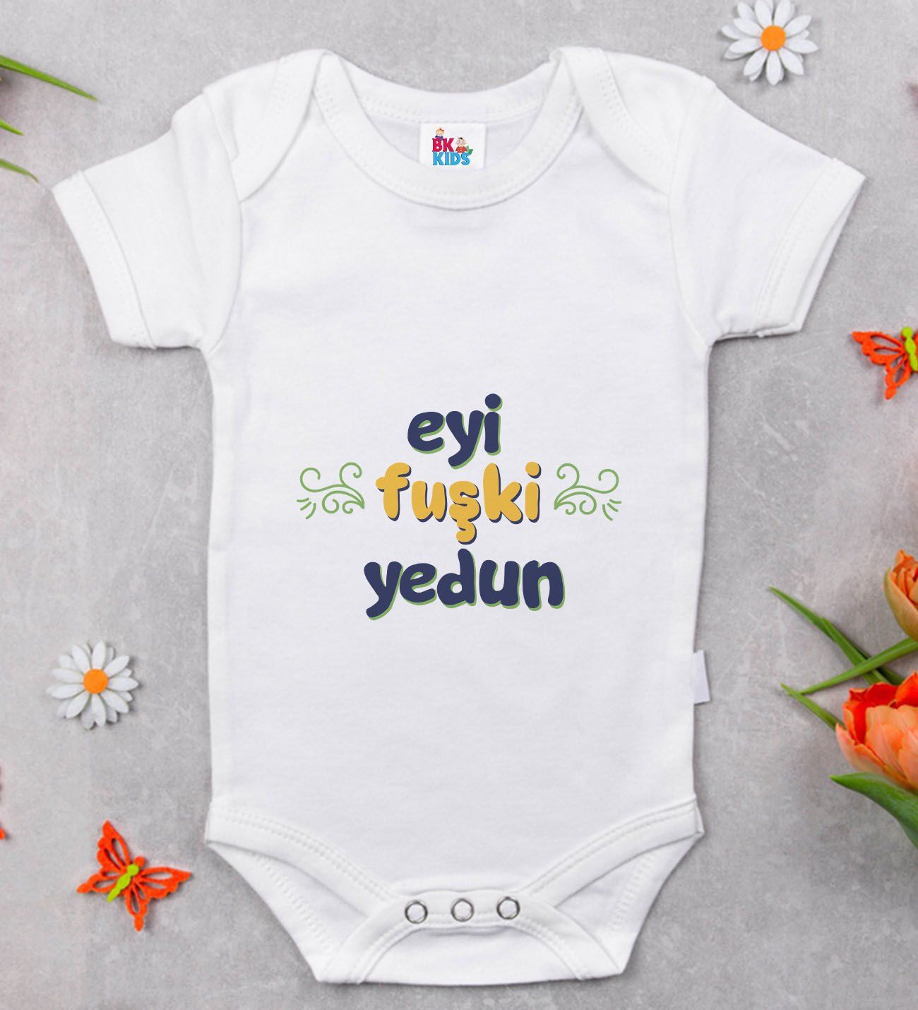 BK Kids Eyi Fuşki Yedun Tasarımlı Beyaz Bebek Body Zıbın-1