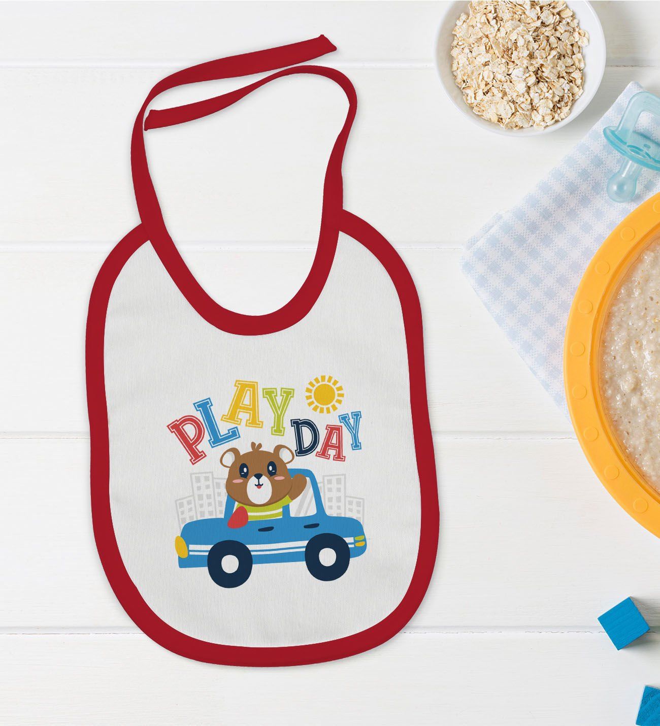 BK Kids Play Day Tasarımlı Kırmızı Bebek Mama Önlüğü-1