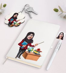 Kişiye Özel Bayan Öğretmen Karikatürlü Beyaz Defter Kalem Ve Anahtarlık Hediye Seti-7
