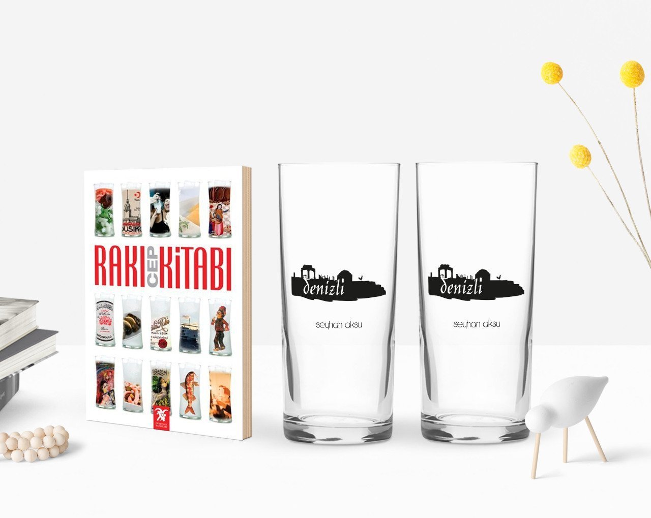 Kişiye Özel Renkli Baskılı Denizli Tasarımlı Turistik İkili Rakı Bardağı ve Rakı Cep Kitabı Hediye Seti-2