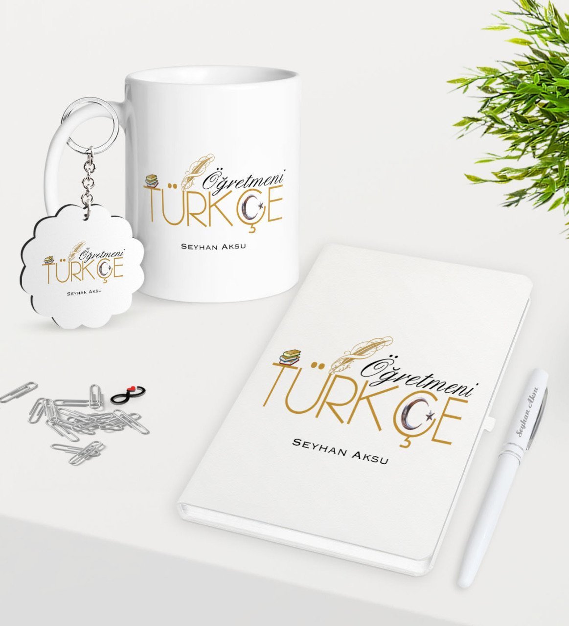 Kişiye Özel Türkçe Öğretmeni Kupa Anahtarlık Beyaz Defter Kalem Hediye Seti