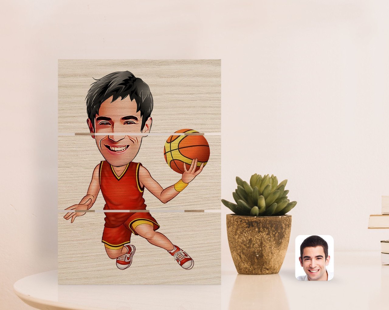 Kişiye Özel Erkek Basketbolcu Karikatürlü Otantik Masaüstü Ahşap Palet Çerçeve-1