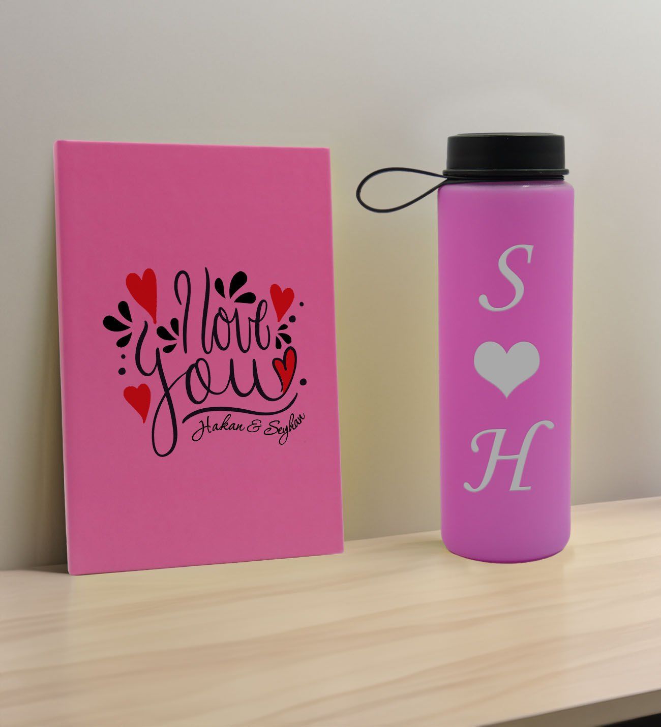 BK Gift Sevgiliye Özel İsimli Pembe Defter ve Cam Matara Hediye Seti-13, Sevgiliye Hediye, Sevgililer Günü, Yeni İş Hediyesi