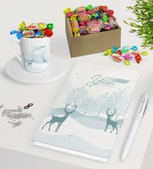 Kişiye Özel Yılbaşı Mutlu Yıllar Beyaz Defter Kalem Türk Kahvesi Fincanı ve Kutulu Haribo Şeker Hediye Seti-20
