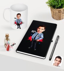 Kişiye Özel Bay Polis Karikatürlü Siyah Defter Kalem Kupa Seti - 1