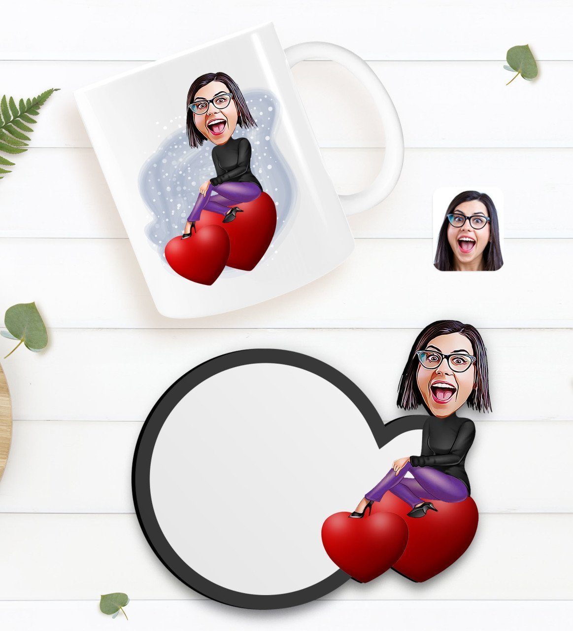 Kişiye Özel Kadın Karikatürlü Beyaz Kupa ve Ahşap Bardak Altlığı Hediye Seti-2
