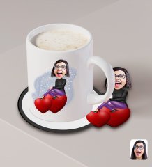 Kişiye Özel Kadın Karikatürlü Beyaz Kupa ve Ahşap Bardak Altlığı Hediye Seti-2