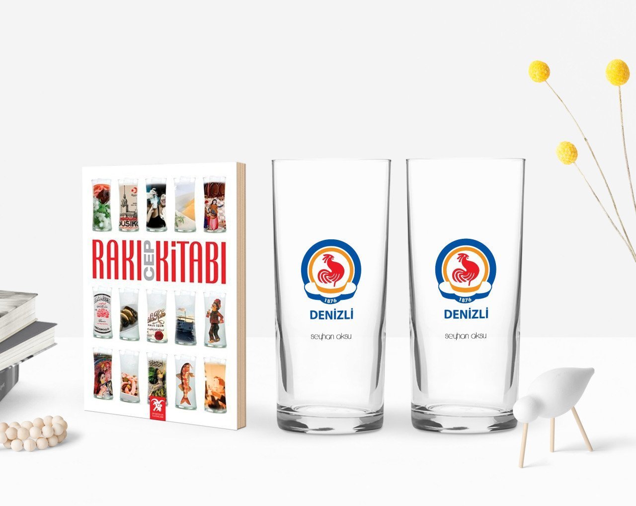 Kişiye Özel Renkli Baskılı Denizli Tasarımlı Turistik İkili Rakı Bardağı ve Rakı Cep Kitabı Hediye Seti-1