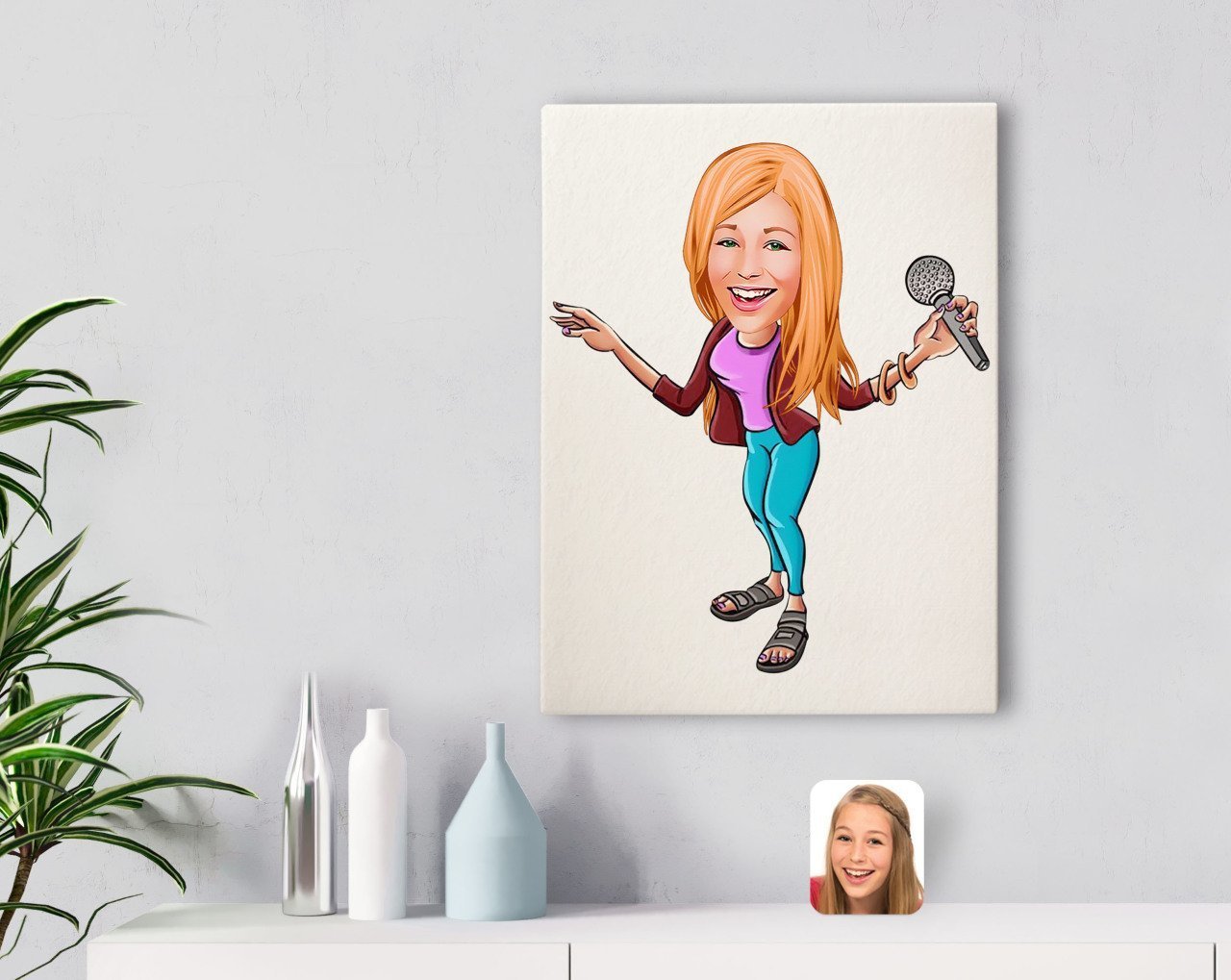 Kişiye Özel Şarkı Söyleyen Kız Karikatürlü Kanvas Tablo 30x50cm-1