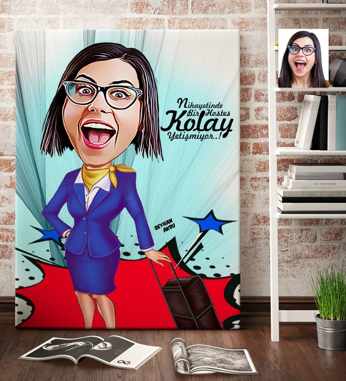 Kişiye Özel Hostes Karikatür Kanvas Tablo (70 x 100 cm.) 2