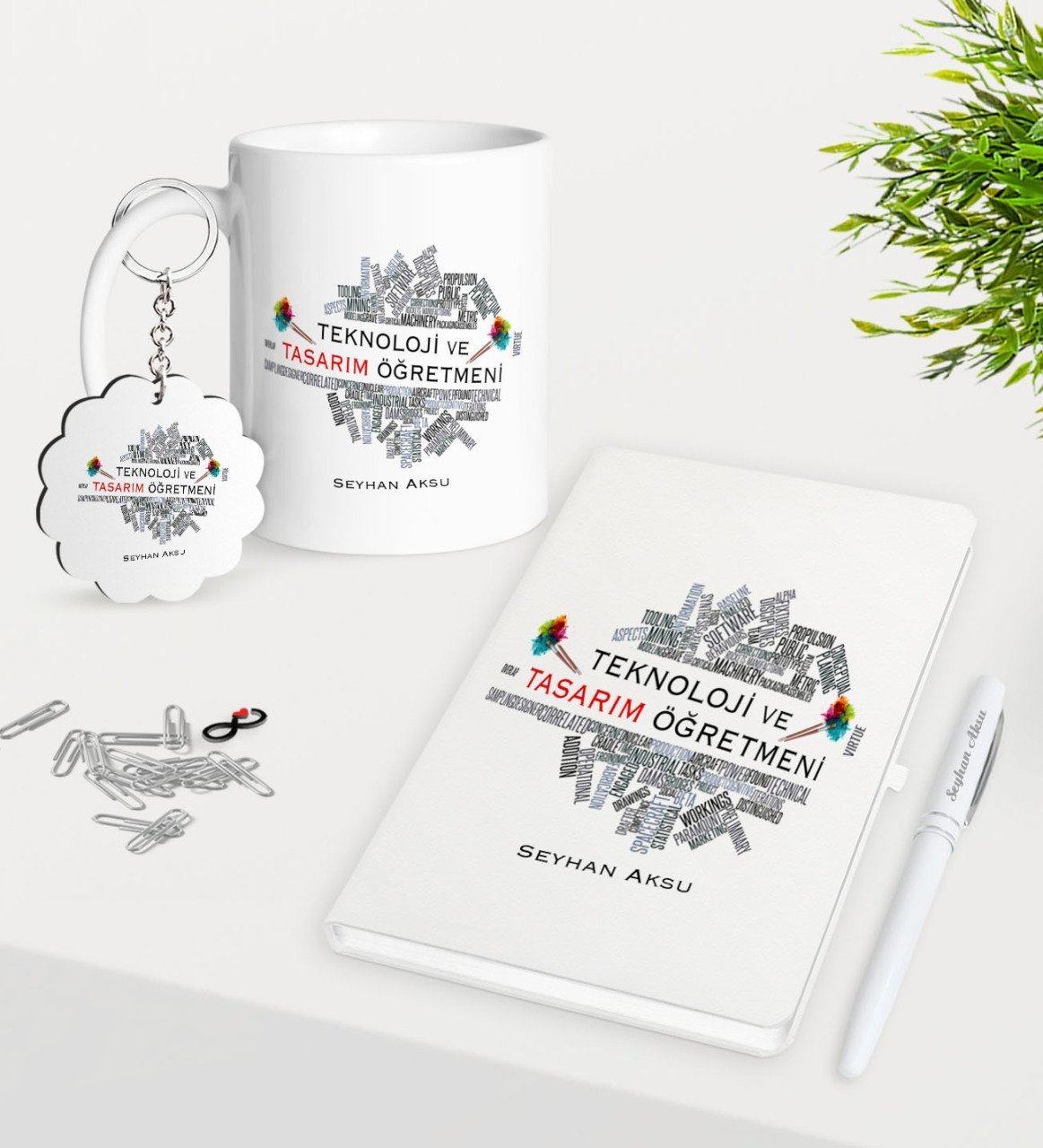 Kişiye Özel Teknoloji Ve Tasarım Öğretmeni Kupa Anahtarlık Beyaz Defter Kalem Hediye Seti