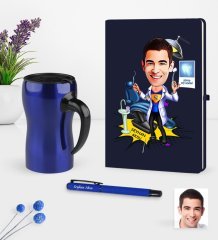 Kişiye Özel Bay Diş Hekimi Karikatürlü Lacivert Defter Kalem Termos Mug Seti - 1