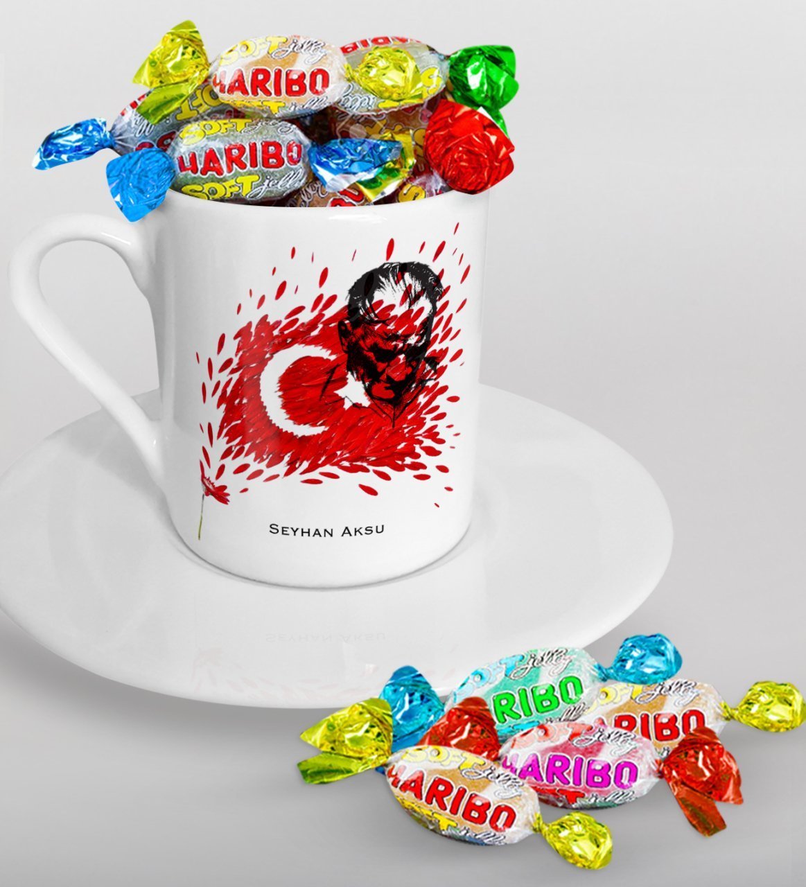 Kişiye Özel Atatürk Temalı Türk Kahvesi Fincanı ve Haribo Şeker Hediye Seti-3
