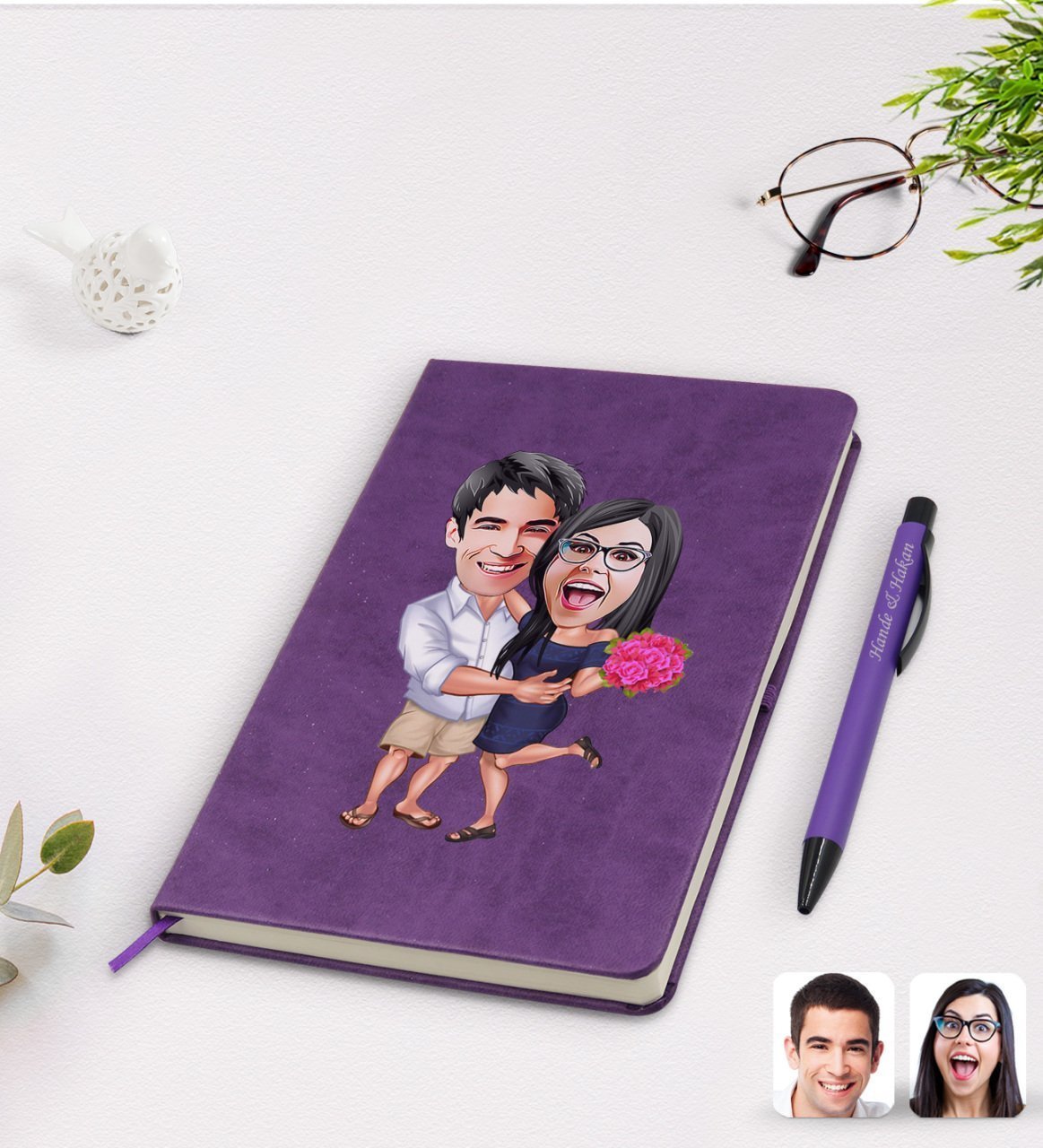 Kişiye Özel Sevgililer Karikatürlü Mor Termo Deri Defter Kalem Seti Model 108