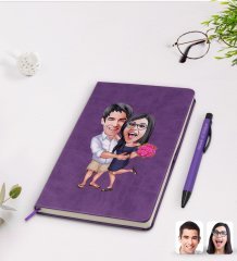 Kişiye Özel Sevgililer Karikatürlü Mor Termo Deri Defter Kalem Seti Model 108