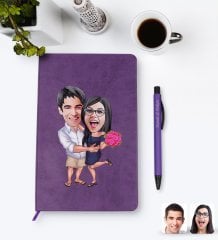 Kişiye Özel Sevgililer Karikatürlü Mor Termo Deri Defter Kalem Seti Model 108
