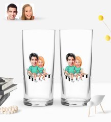 Kişiye Özel Sevgililer Karikatürlü 2’li Rakı Bardağı ve Meze Tabaklı Doğal Masif Ahşap Servis Sunum Tepsisi Model 55