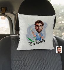 Kişiye Özel İsimli Erkek Diş Hekimi Karikatürlü Kare Araç Koltuk Yastığı-4