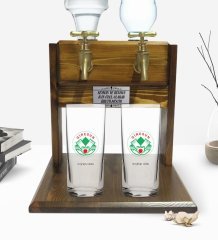 Kişiye Özel Renkli Baskılı Giresun Tasarımlı Turistik İkili Rakı Bardağı ve Çift Musluklu Doğal Ahşap Rakı Standı-1