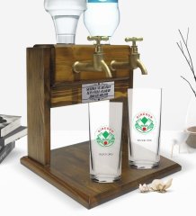 Kişiye Özel Renkli Baskılı Giresun Tasarımlı Turistik İkili Rakı Bardağı ve Çift Musluklu Doğal Ahşap Rakı Standı-1