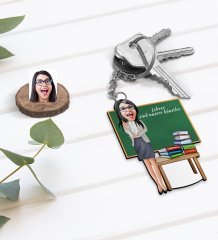 Kişiye Özel Kadın Almanca Öğretmeni Karikatürlü Ahşap Anahtarlık-1