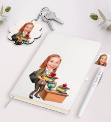 Kişiye Özel Bayan Öğretmen Karikatürlü Beyaz Defter Kalem Ve Anahtarlık Hediye Seti-4