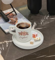 Kişiye Özel Sunum Tabaklı Çiçek Tasarımlı Türk Kahvesi Fincanı Model 26