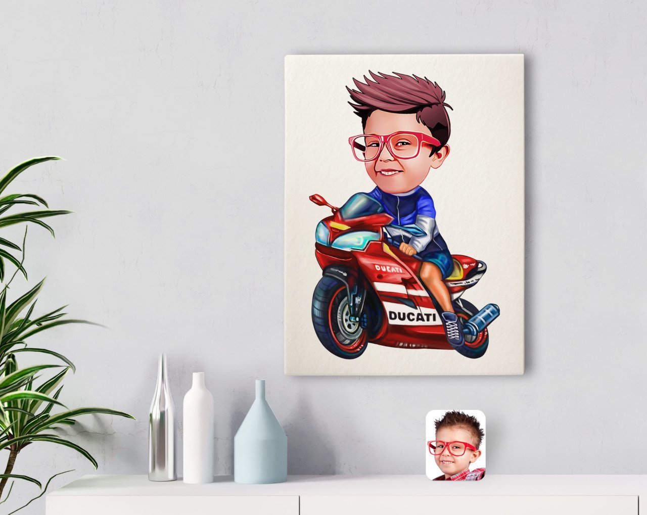 Kişiye Özel Motorcu Çocuk Karikatürlü Kanvas Tablo 30x50cm-1