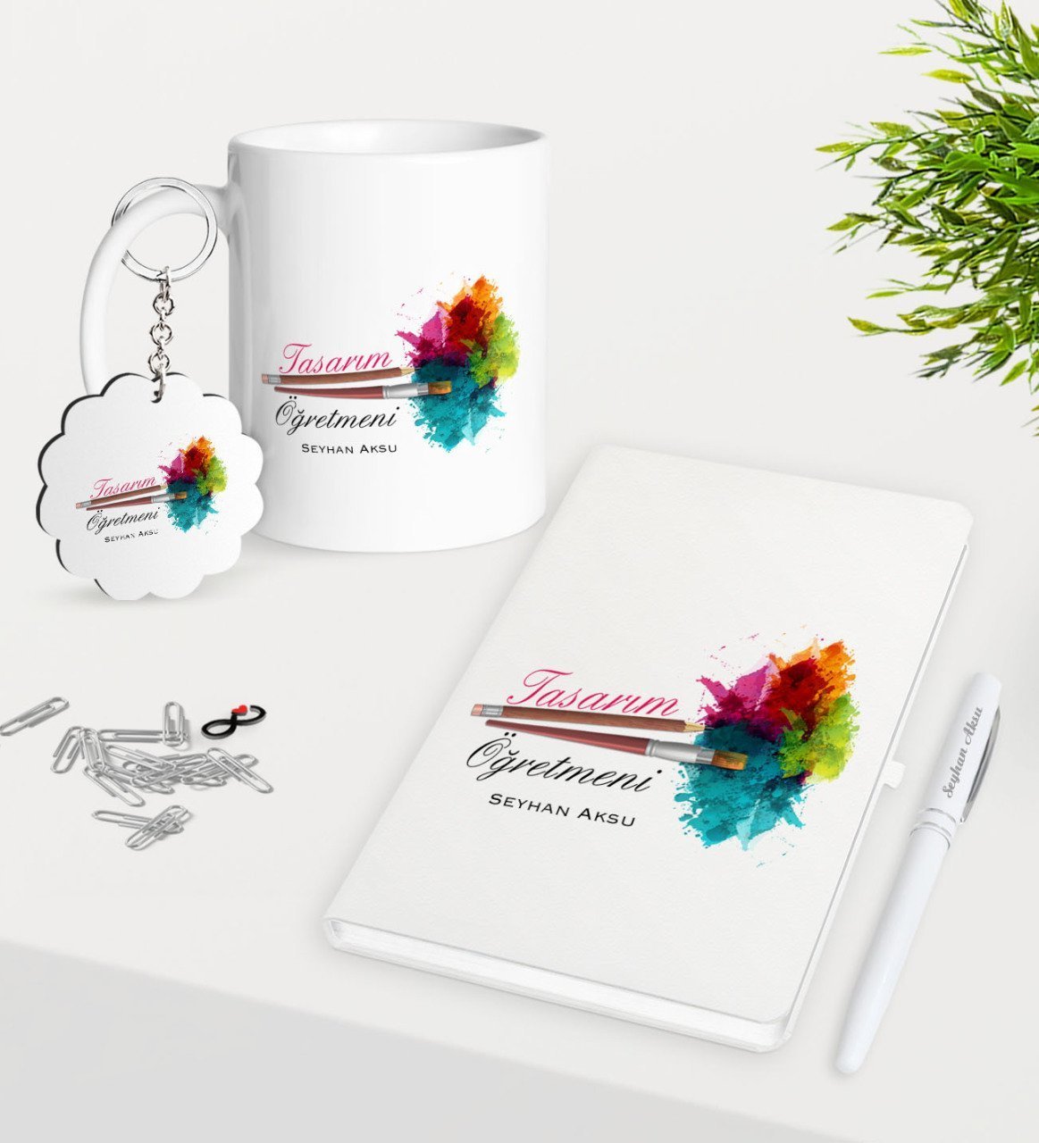 Kişiye Özel Tasarım Öğretmeni Kupa Anahtarlık Beyaz Defter Kalem Hediye Seti-2