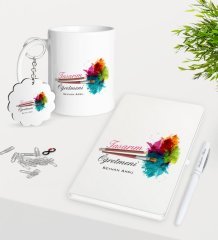 Kişiye Özel Tasarım Öğretmeni Kupa Anahtarlık Beyaz Defter Kalem Hediye Seti-2