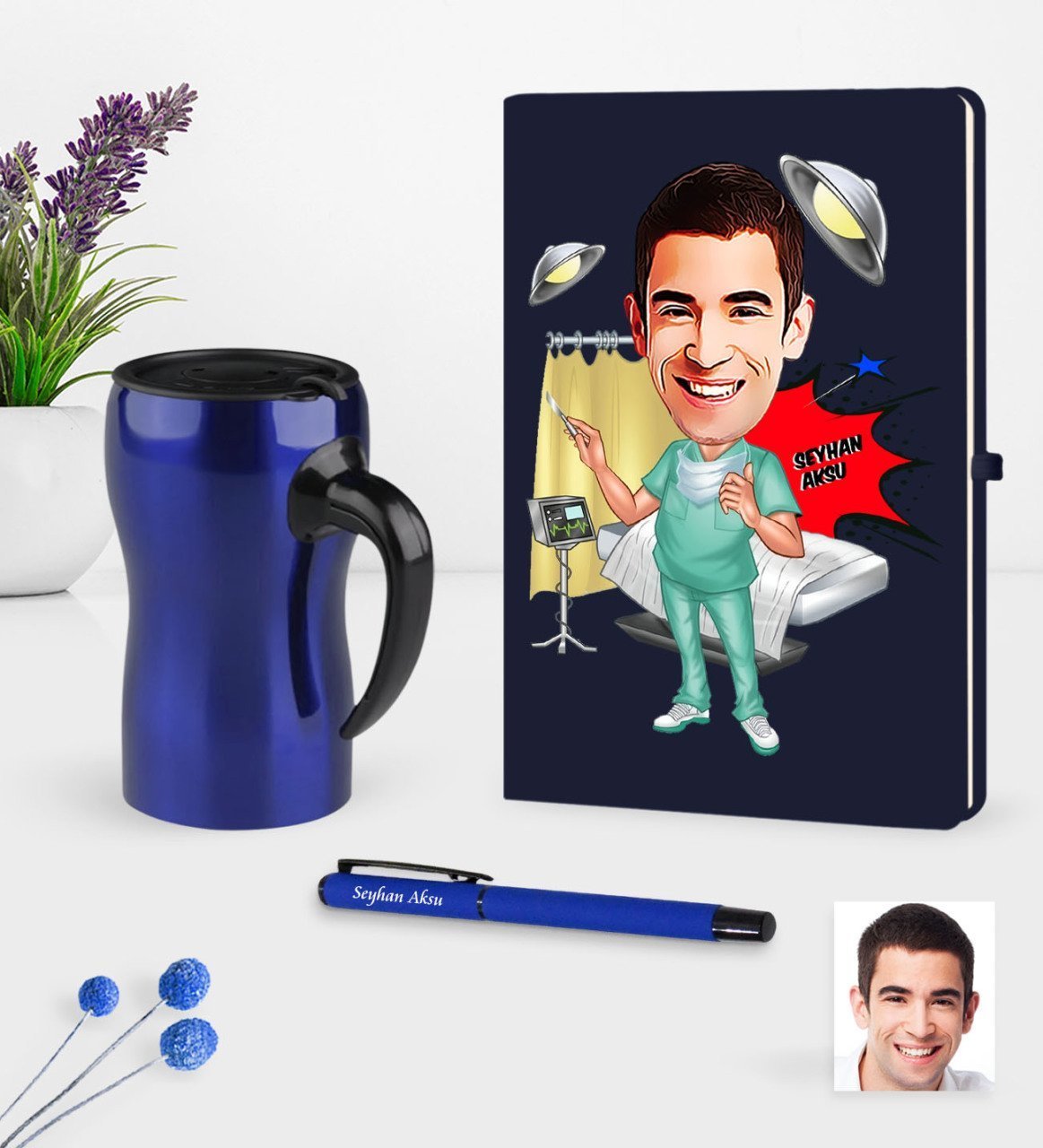 Kişiye Özel Bay Cerrah Karikatürlü Lacivert Defter Kalem Termos Mug Seti - 1