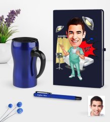 Kişiye Özel Bay Cerrah Karikatürlü Lacivert Defter Kalem Termos Mug Seti - 1